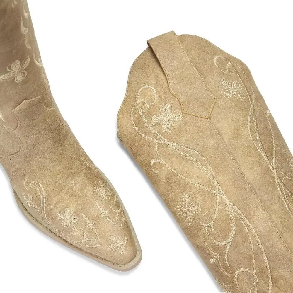 Women  Cream Apricot Floral Knee High Cowgirl Boots, Western Boots with Pointed
